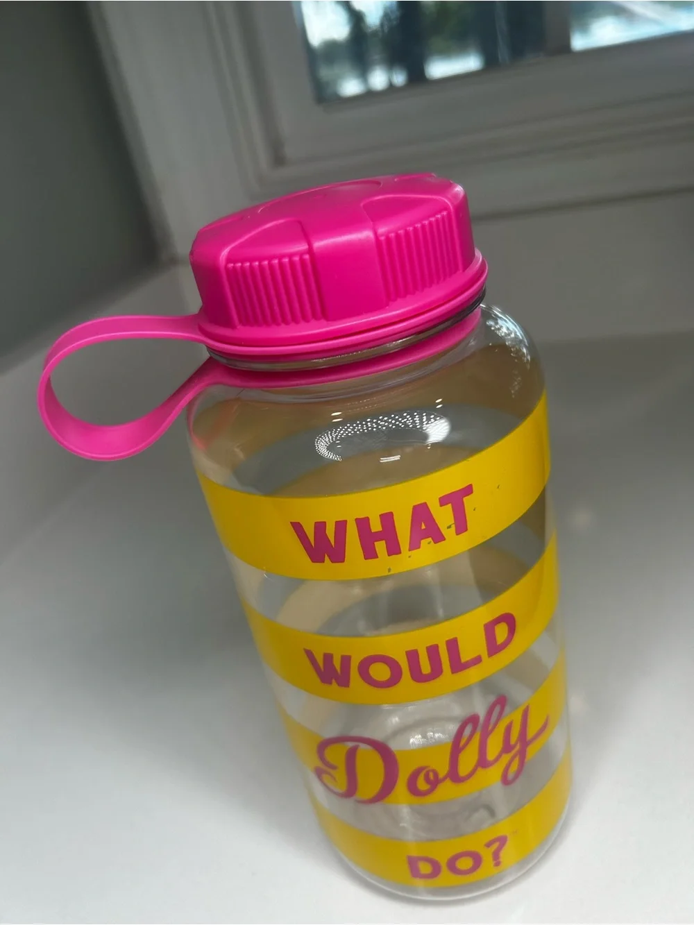 NWT Dolly Parton what would Dolly do Yellow & Pink Striped Water Bottle